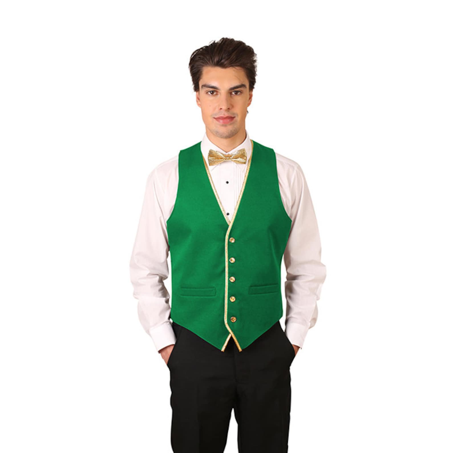 Men's emerald green full back dress vest with gold trim Etsy