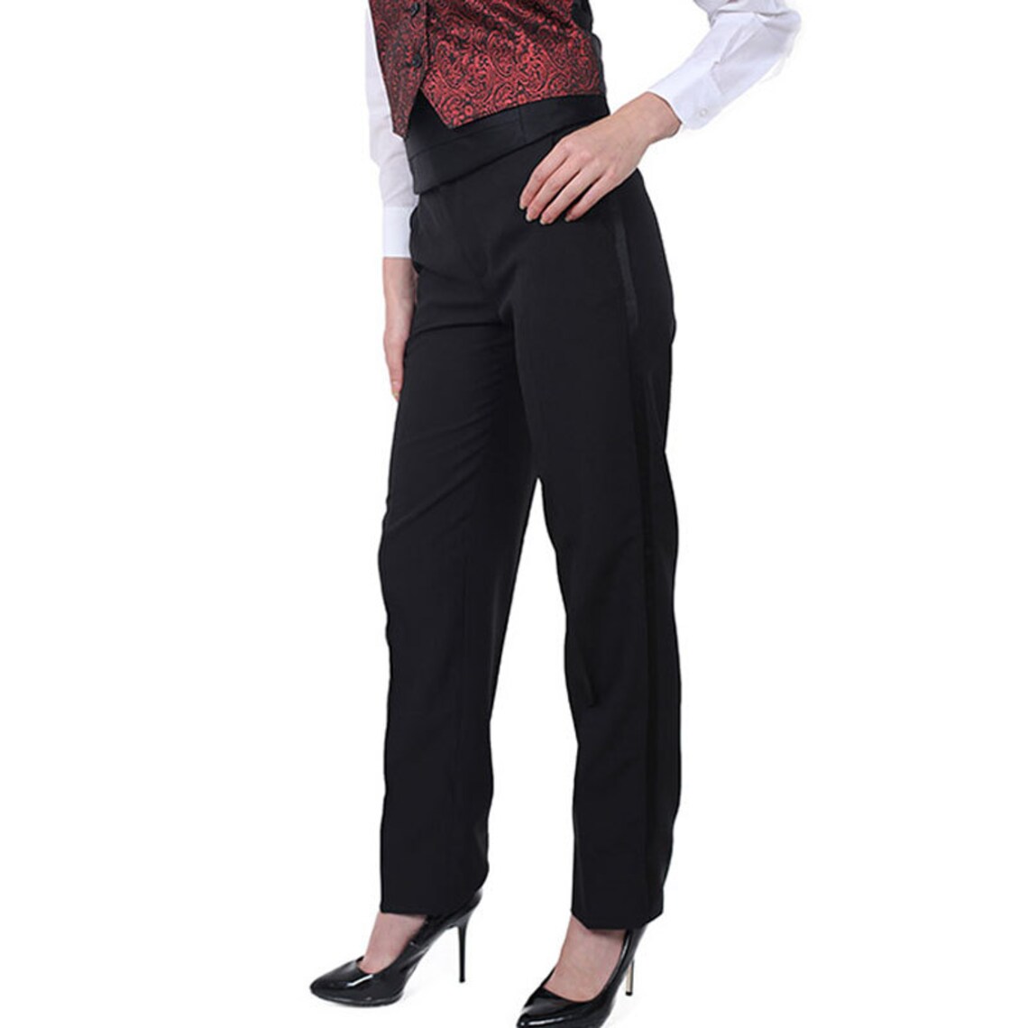 womens black tuxedo pants with satin stripe