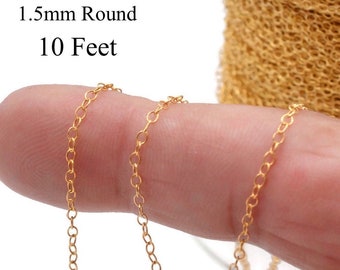 14K Gold Fill Round 1.5 x 1.9mm Cable Chain (1020) 10 Feet, Discounts Available, Strong Dainty Chain for DIY Jewelry, Made in USA [4072]