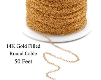 14K Gold Fill Round 1.5 x 1.9mm Cable Chain (1020) 50 Feet, Discounts Available, Strong Dainty Chain for DIY Jewelry, Made in USA [4075]