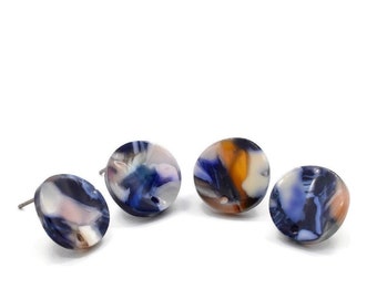 Blue Marbled Lucite Earring Studs, Acetate Organic Shaped Wavy Round Posts with 1 Hole, Component for DIY Earrings, 2 Pc, USA SELLER [2509]