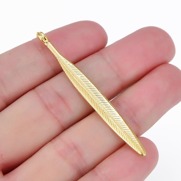 22K Gold Plated Large Feather Charm, Long Pointed Pendant, Component for DIY Jewelry, 1 Charm, USA SELLER [2839]