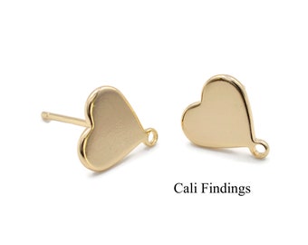 18K Gold Plated Heart Earring Posts, Polished Shine, Heart Studs for DIY Earrings, 2 Pieces, USA SELLER [1786]
