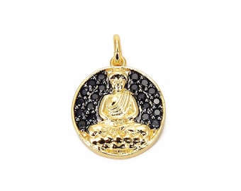 18K Gold Plated Buddha Pendant with Black CZ's, Om Pendant, Buddha Pendant, Mediation, Yoga, Zen, Black Buddha Charm [1878]