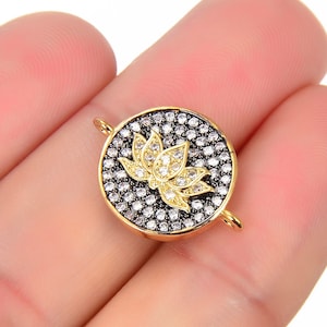 18K Gold Plated Black Lotus Flower Cz Connector, Micro Pave Cubic Zirconia, Charm for Meditation, Yoga, Zen, USA SELLER [2588]