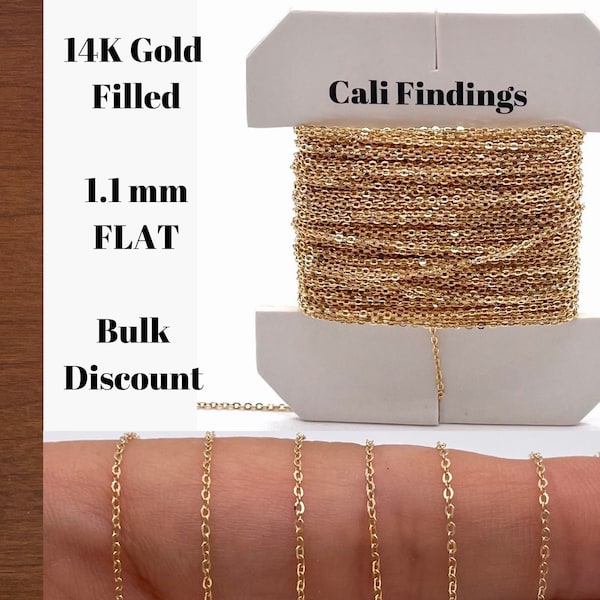 14K Gold Fill 1.1mm Flat Cable Chain- BY FOOT- Soldered Links, Dainty Chain, Bulk Chain, Wholesale Chain, Gold Filled Cable Chain