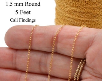 14K Gold Fill Round 1.5 x 1.9mm Cable Chain (1020) 5 Feet, Discounts Available, Strong Dainty Chain for DIY Jewelry, Made in USA [4069]