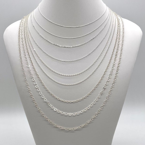 9 Styles Any Length 925 Sterling Silver Cable Necklaces with Clasp, Flat or Round, Customized to Length, Made in USA, Wholesale Available