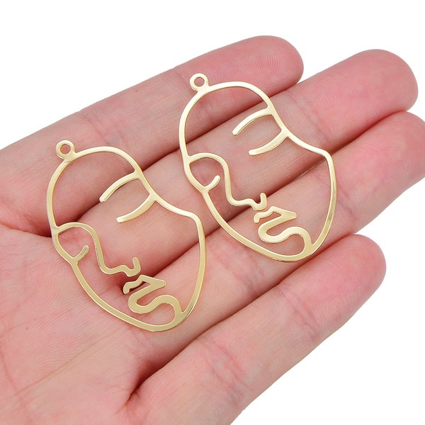 18K Gold Plated Face Charm with Bright Polished Finish, Modern Sleek Portrait Design for Earrings & DIY Jewelry, USA SELLER [3168]