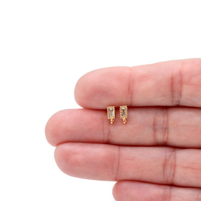 18K Gold Plated Rectangle Cz Earring Studs 1 Pair 1244 Cubic Zirconia Finding Posts with Bail for DIY Earrings USA SELLER