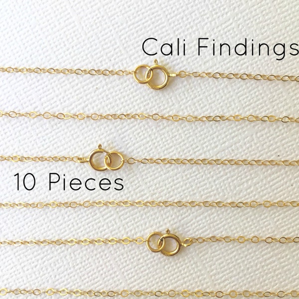 10pc- 16" 14K Gold Fill Chain Finished, Finished Necklace, Flat Cable Chain, 1.3mm, 10 Pieces, Gold Chain, Bulk 16 inch [1020F]