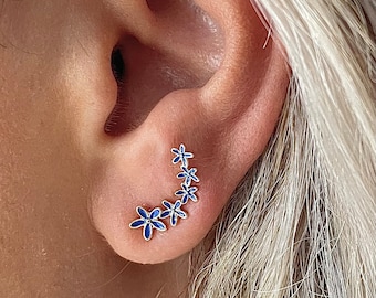 Blue Enamel Flower Ear Climbers by Cali Findings, Dainty & Feminine, Kawaii, Lightweight with Backs, Gift for Her [4255]