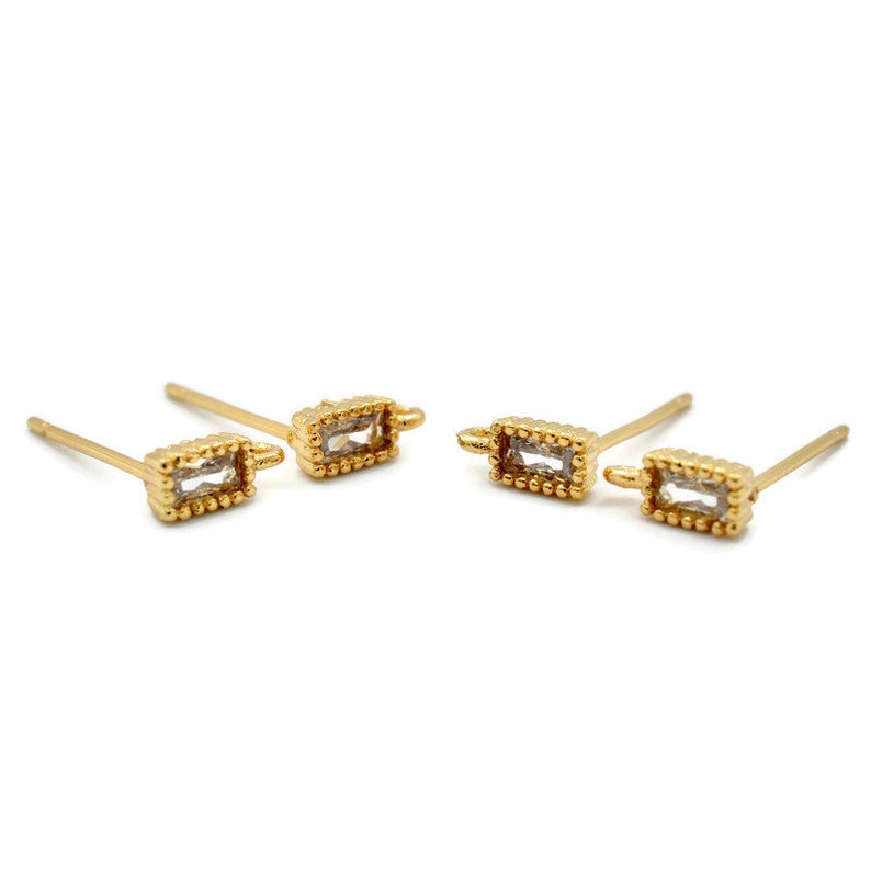 18K Gold Plated Rectangle Cz Earring Studs 1 Pair 1244 Cubic Zirconia Finding Posts with Bail for DIY Earrings USA SELLER
