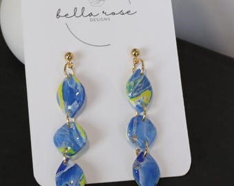 Blue Gold Yellow Pebble Maize Marble Bright Clay Earrings Gold Handmade (MB1)