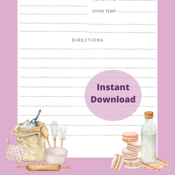 Recipe pages Printable/ 8 1/2" x 11"/ Cute Recipe Pages/ Blank Recipe Page/ Download Recipe Page