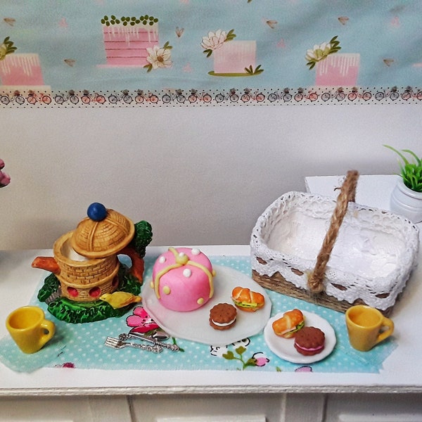 Doll Tea Party Set 1:6 scale/ Lace Basket/ Doll Tea Set/ Birdhouse Teapot/ Miniature Basket/ Doll Picnic/ Miniature picnic Basket/ Doll Set