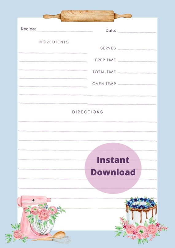 Recipe Page Printables/ 8 1/2 X 11/ Instant Recipe Sheet/cute Recipe Pages/ Recipe  Book Printables/ Blank Recipe Page/ Digital Download 