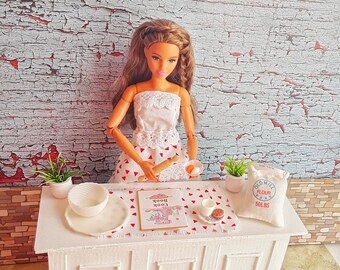 Dollhouse Miniature Baking Set, Apron, Cookbook (1:6 Scale)