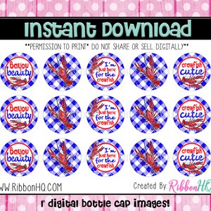 May include: Twelve 1 inch round digital bottle cap images featuring a crawfish design. The images include a blue and white checkered background with a crawfish in the center. The text on the images includes "Bayou Beauty", "I'm just here for the crawfish", and "Crawfish Cutie".