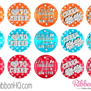 Puede incluir: Doce toppers redondos imprimibles de 5 cm de diámetro con temática de porristas. Los toppers presentan una porrista con purpurina plateada, pompones, estrellas y el texto "To Cheer", "I'm a Cheerleader from Bow to Toe", y "Cheer".