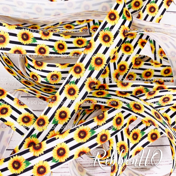 Sunflowers and Stripes Ribbon - 7/8" and 1.5" Grosgrain Ribbon - U.S. Designer Ribbon - RibbonHQ -Hairbows-Crafts- bows- sewing- collars