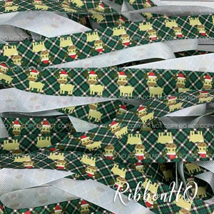 Christmas Moose on plaid - 7/8&quot; Grosgrain Ribbon - Animals - U.S. Designer Ribbon - RibbonHQ - Hairbows - Christmoose - Christmas - winter