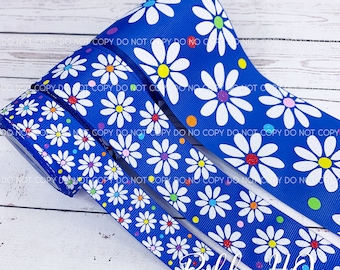 Daisies - 7/8", 1.5" and 3" Grosgrain Ribbon -Daisy- Flowers- Blue- Rainbow- U.S. Designer Ribbon - RibbonHQ - Hair bows - Crafts- Colorful