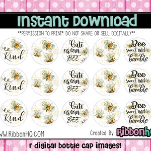 Könnte beinhalten: Neun digitale druckbare Flaschenverschlussbilder mit Bienen- und Wabenmustern. Die Designs beinhalten die Sätze "Bee sweet and bumble", "Cute as can BEE" und "Kind".