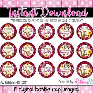 May include: Twelve 1-inch round digital bottle cap images featuring a fall theme. The images include squirrels, sunflowers, butterflies, and the text "I go nuts for fall", "Hello fall", and "Autumn blessings".
