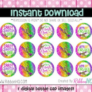 May include: Twelve 1 inch round digital bottle cap images featuring Mardi Gras themes. The images feature a purple, green, and gold color scheme with a variety of designs including crawfish, beads, and the text "It's Mardi Gras Y'all" and "Let's Get Cray".