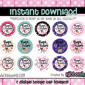 Pugs n kisses, Bottle cap images, dogs, hearts, puppies, love, pink, animals, valentines, pugs, hair bows, BCI, outdoors, kisses