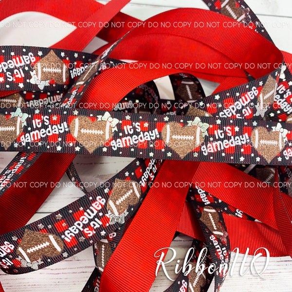 Football - 7/8", 1.5", and 3" Grosgrain Ribbon- buffalo plaid- Red-gameday- U.S. Designer Ribbon - RibbonHQ - Hairbows - Sports