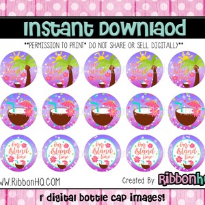 Puede incluir: Doce imágenes digitales redondas de tapones de botella de 1 pulgada que muestran una bebida de coco con una sombrilla rosa y el texto "On Island Time" en un esquema de color rosa, azul y verde.