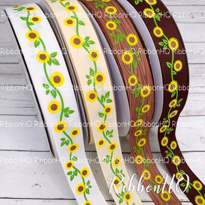 7/8&quot; Sunflower Ribbon - Ribbon with Sunflowers- Summer Floral ribbon- Ribbon For Country Weddings- 7/8&quot; Grosgrain Ribbon -  Fall ribbon