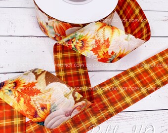 Fall Pumpkins - 7/8&quot;, 1.5&quot;, and 3&quot; Grosgrain Ribbon - U.S. Designer Ribbon - RibbonHQ - Hairbows - Crafts - Sunflowers - Plaid - Seasonal