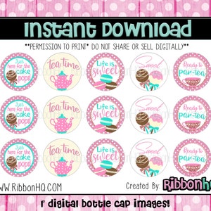 May include: Twelve 2-inch round digital printable bottle cap images. The images feature a pink and white polka dot background with various designs including teapots, macarons, cake pops, and the text "tea time", "life is sweet", "just here for the cake pops", "ready to par-tea", and "sweet".