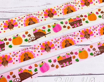 Gobble - Turkeys - Fall- Turkeys - Pumpkins-  Thanksgiving - 7/8&quot; Grosgrain Ribbon - U.S. Designer Ribbon - RibbonHQ - Hairbows - Crafts