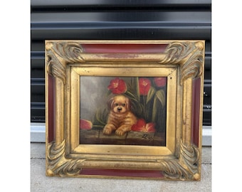 Vintage Ölgemälde von Künstler Raphael Goldener Welpe in den schönen Tulpen signiert
