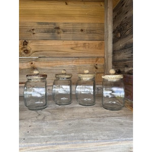 Vintage Anchor Hocking Glass Canister Set 4 Wood Lids Ball Knob Kitchen Storage