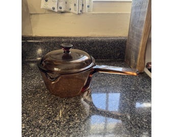 Vintage Corning Vision Amber Sauce Pot 1L PYREX Lid Glass