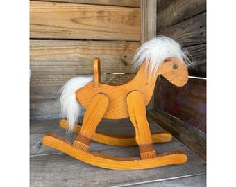 Handmade Wooden Table Top Rocking Horse Figurine Collectible Cottage Core