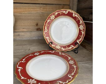 Juego de 2 platos llanos antiguos de porcelana Copelands, diseño hermoso en rojo y dorado. LEER