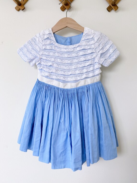 Vintage Handmade Blue and Lace Toddler Dress - image 2