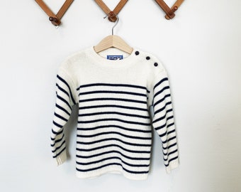 Vintage French Wool Blend Navy Blue and White Striped Sweater