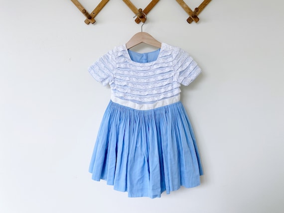 Vintage Handmade Blue and Lace Toddler Dress - image 1