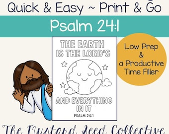Psalm 24:1 Bible Verse Coloring Page | Christian Kids Printable | Preschool Sunday School Activity Sheet