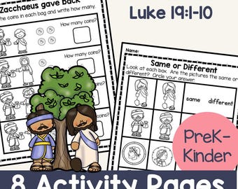 Zacchaeus Bible Activity Pages, PreK-K Learning Worksheets (Printable)