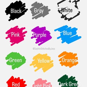 May include: A chart of thread colours with the names of each colour written in white text on a coloured background. The colours are black, grey, white, pink, purple, blue, green, yellow, orange, red, light pink, dark green, and brown.