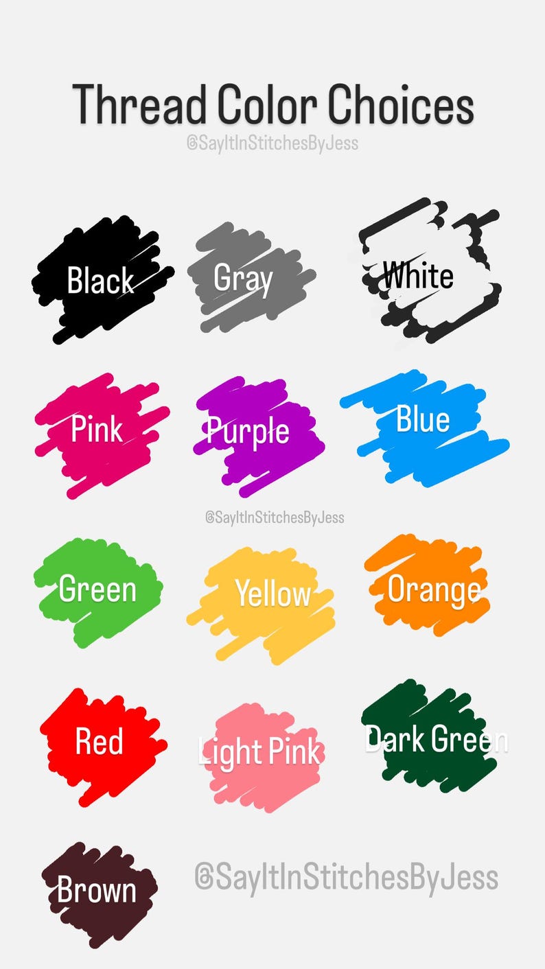 May include: A chart of thread colours with the names of each colour written in white text on a coloured background. The colours are black, grey, white, pink, purple, blue, green, yellow, orange, red, light pink, dark green, and brown.