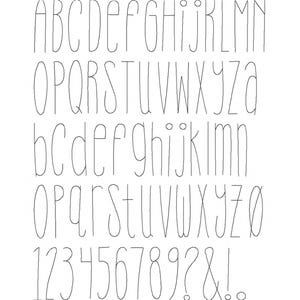 May include: A font alphabet with uppercase and lowercase letters, numbers, and punctuation marks. The font is a simple, handwritten style with rounded edges.